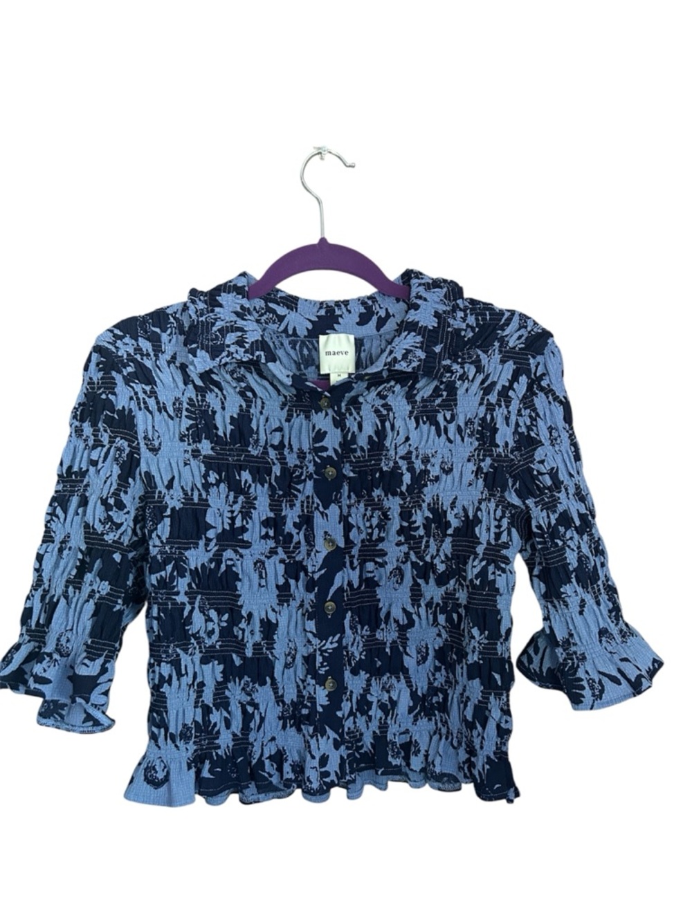 Anthropologie Maeve Smocked Ruffle Button-Front Top Blue Abstract Print  Size M - Picture 2 of 14